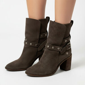 See By Chloe Janis Gray Suede Studded Wrap Block Heeled Boot Booties US 10